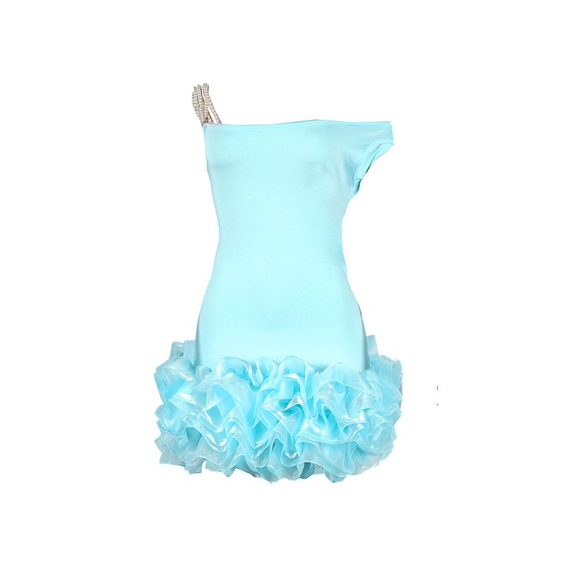 Women's Clothing Sexy Sleeveless Oblique Shoulder Elastic Slim Mesh Splicing Fungus Lace Dress_voghion.com