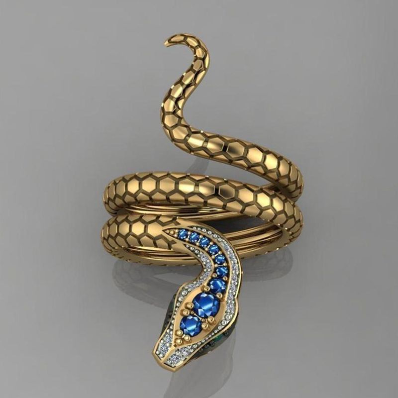 Hochwertiger Ring mit blauäugigem, diamantbesetztem Python-Königskobra-Schlangenkörper für Damen und Herren, imposanter, legierungsplattierter Glücksbringer_voghion.com