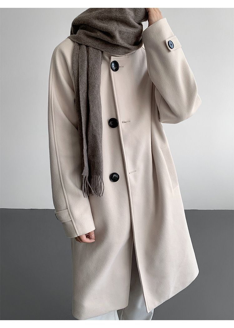 Gabardina de mezcla de lana con cuello alto para hombre: abrigo largo entallado, chaqueta de invierno de botonadura sencilla (negro/albaricoque, M-5XL)_voghion.com