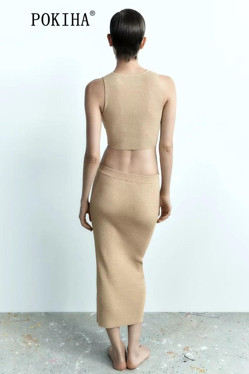 Pokiha Moda Donna Canotte corte lavorate a maglia metallizzata e gonne longuette divise in vita elastica sottile Donna Chic in due pezzi_voghion.com