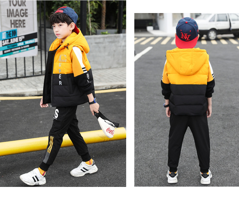 Kinderherfst- en winterjongensset Cuhk Kinderen Jongenswinterfleece verdikte capuchon Driedelige set Mode_voghion.com