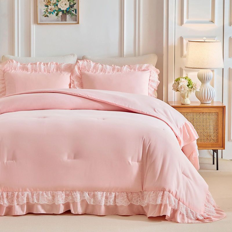 Black Lace Trim Bedding Set - Fluffy Polyester Quilted Comforter With Duvet Cover & Pillowcases - Elegant & Romantic Home Decor_voghion.com