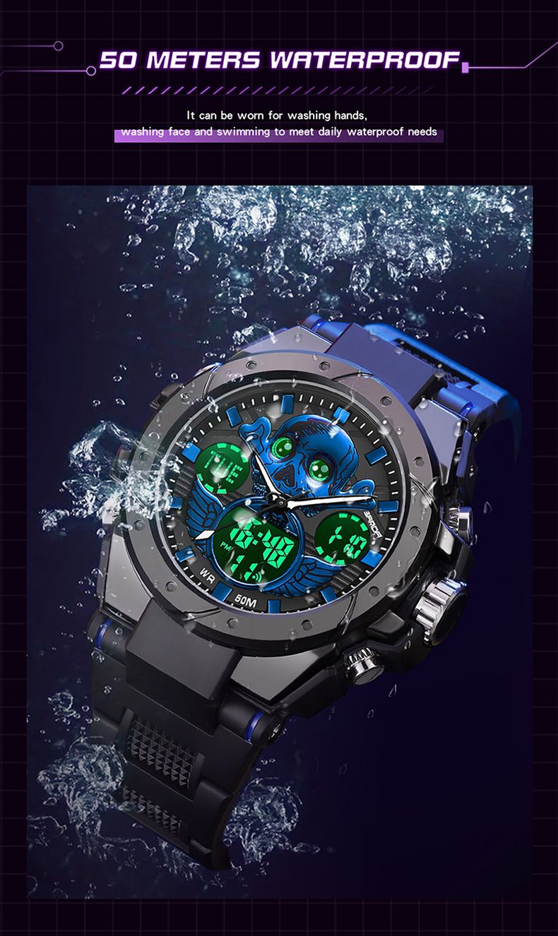 Stilvolle Herren-Skelettuhr mit Multifunktion, wasserdicht und mit Leuchtanzeige – robustes Gehäuse aus Zinklegierung und TPU-Armband – modische Totenkopfuhr_voghion.com