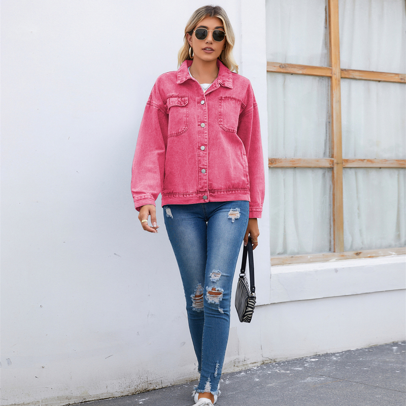 Haut veste en jean délavé rétro pour femme_voghion.com