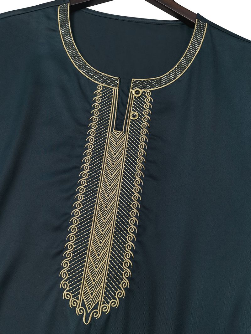 Ropa para hombre, nueva túnica musulmana retro de Oriente Medio con bordado de manga media, estilo étnico, marroquí, con bolsillos laterales_voghion.com