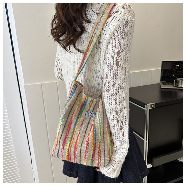 Large Capacity Stripe Handbag 2024 Summer Commuter Fashion Casual Western Style One Shoulder Underarm Tote Bag_voghion.com