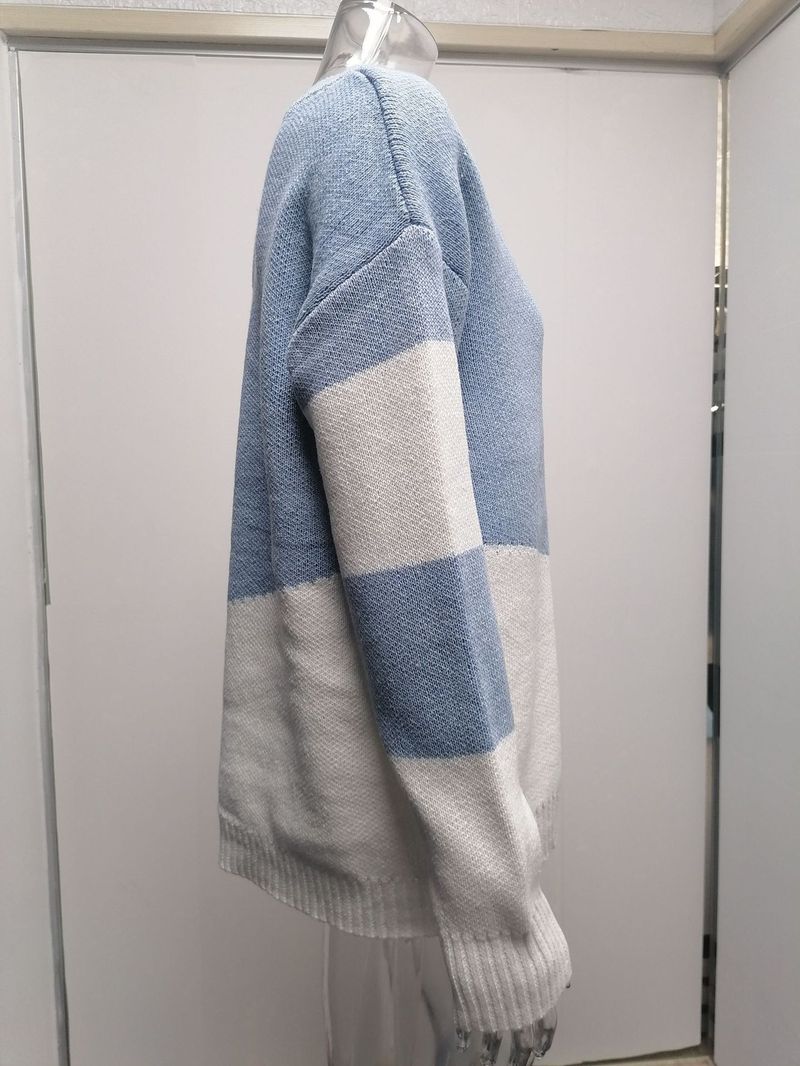Pull ample à col en v pour femme, pull ample avec couleurs contrastées, automne et hiver_voghion.com