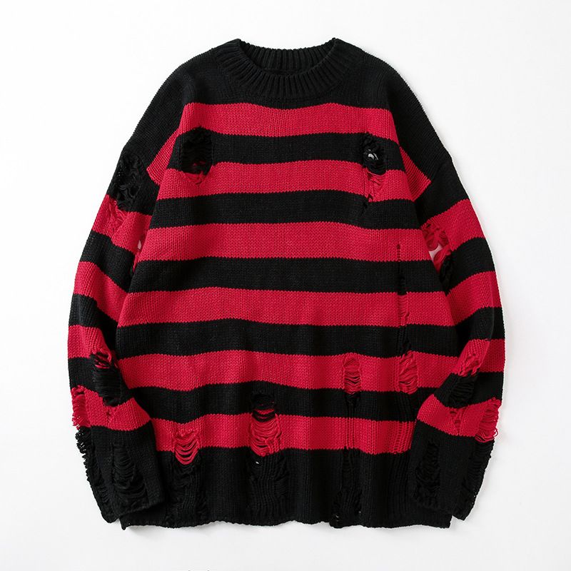 Oversized Distressed Knit Sweater For Men Crewneck Pullover With Striped Color Blocking (Black/Red, Black/White,Black/Yellow, Black/Green, Red/White)_voghion.com