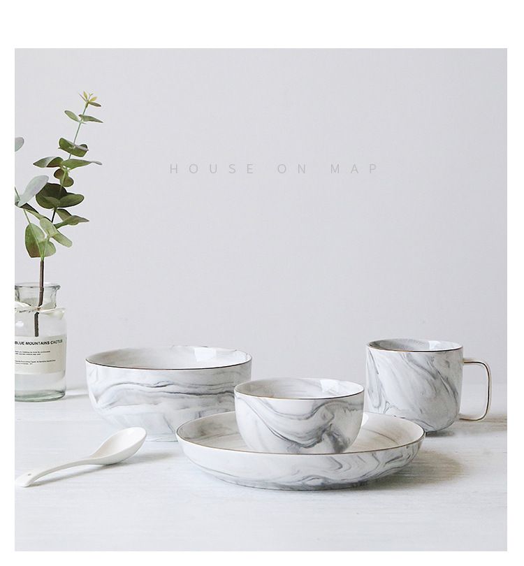 Keramik-Geschirrset im nordischen Stil – Einzelportionsschüsseln und -teller mit Marmormuster und Goldrand, minimalistisches Geschirr für zu Hause_voghion.com