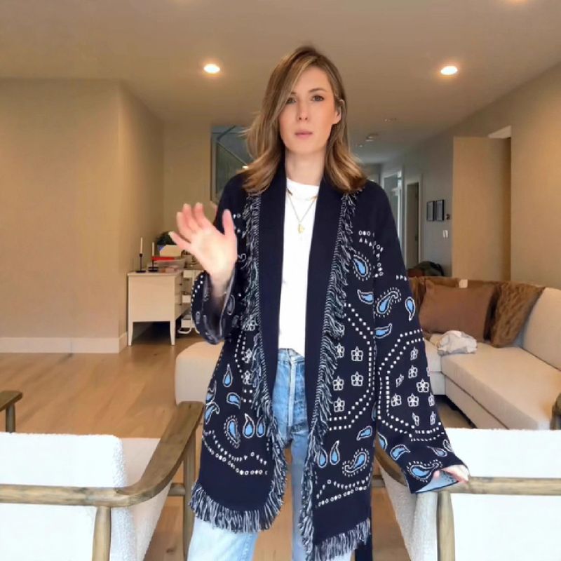 Eleganter Kimono-Cardigan mit V-Ausschnitt und Fransen – weicher Wickelschal aus Polyester mit Blumendruck, bequeme, lockere Passform für Damen (Dunkelblau)_voghion.com