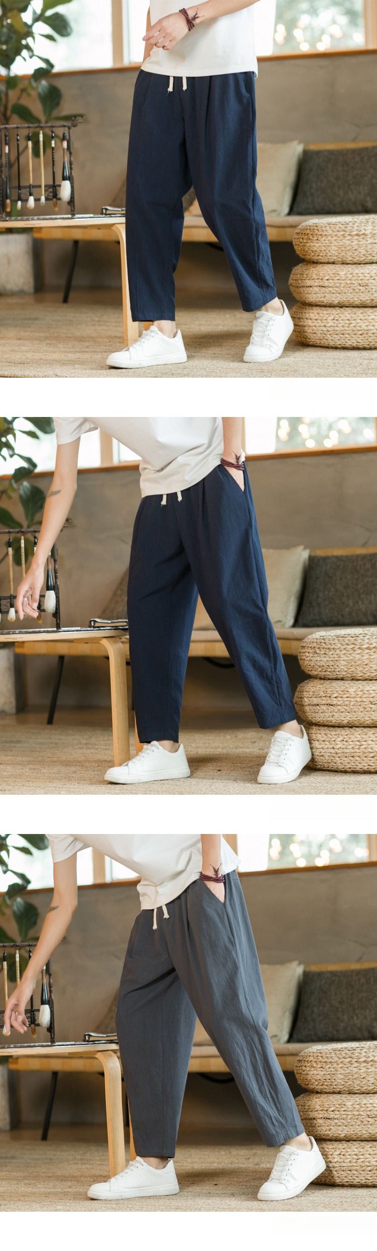 Pantaloni larghi leggeri da uomo in stile pendolare coreano, design corto con elastico in vita per un utilizzo versatile_voghion.com