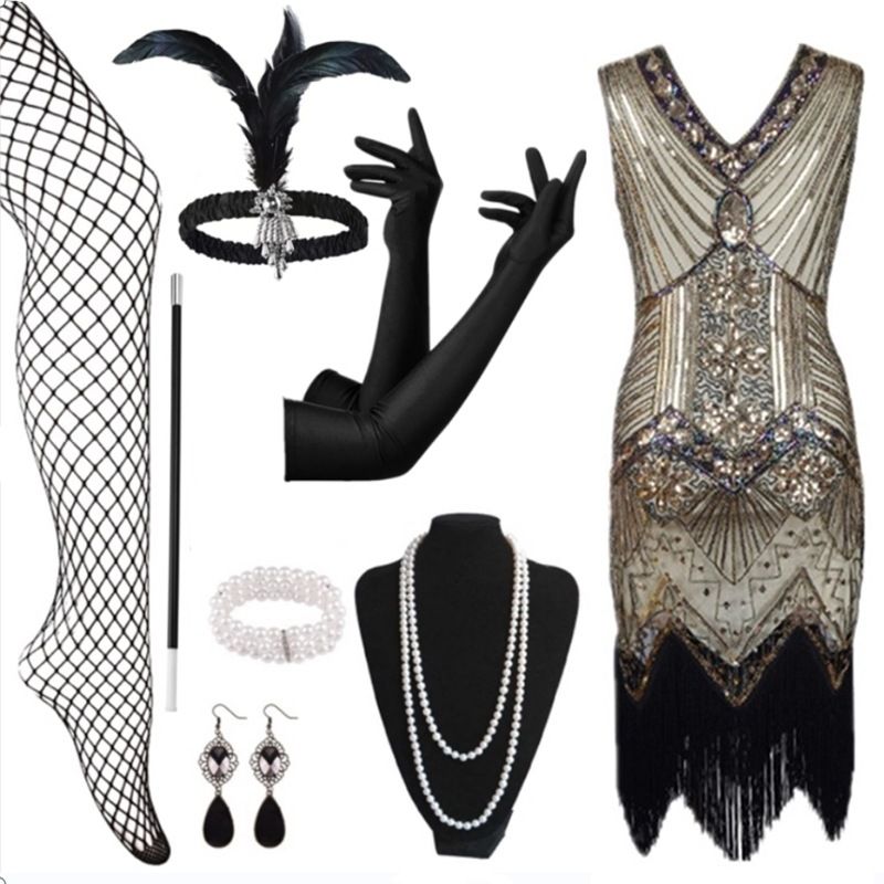 Vestido de noche de graduación estilo Gatsby con flecos y lentejuelas de los años 20 con conjunto de accesorios_voghion.com