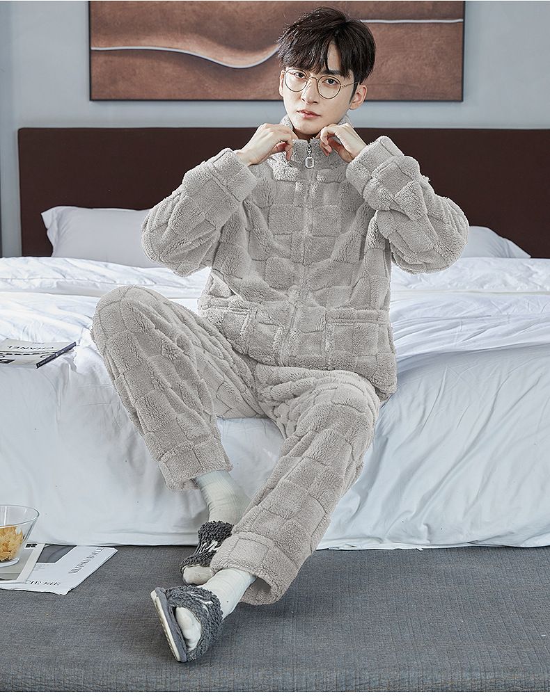 Yeni Çift Ev Giyim Sonbahar ve Kış Sıcak Rahat Pamuklu Lint Uzun Kollu Kadife Pijama Takımı Kalınlaştırılmış_voghion.com