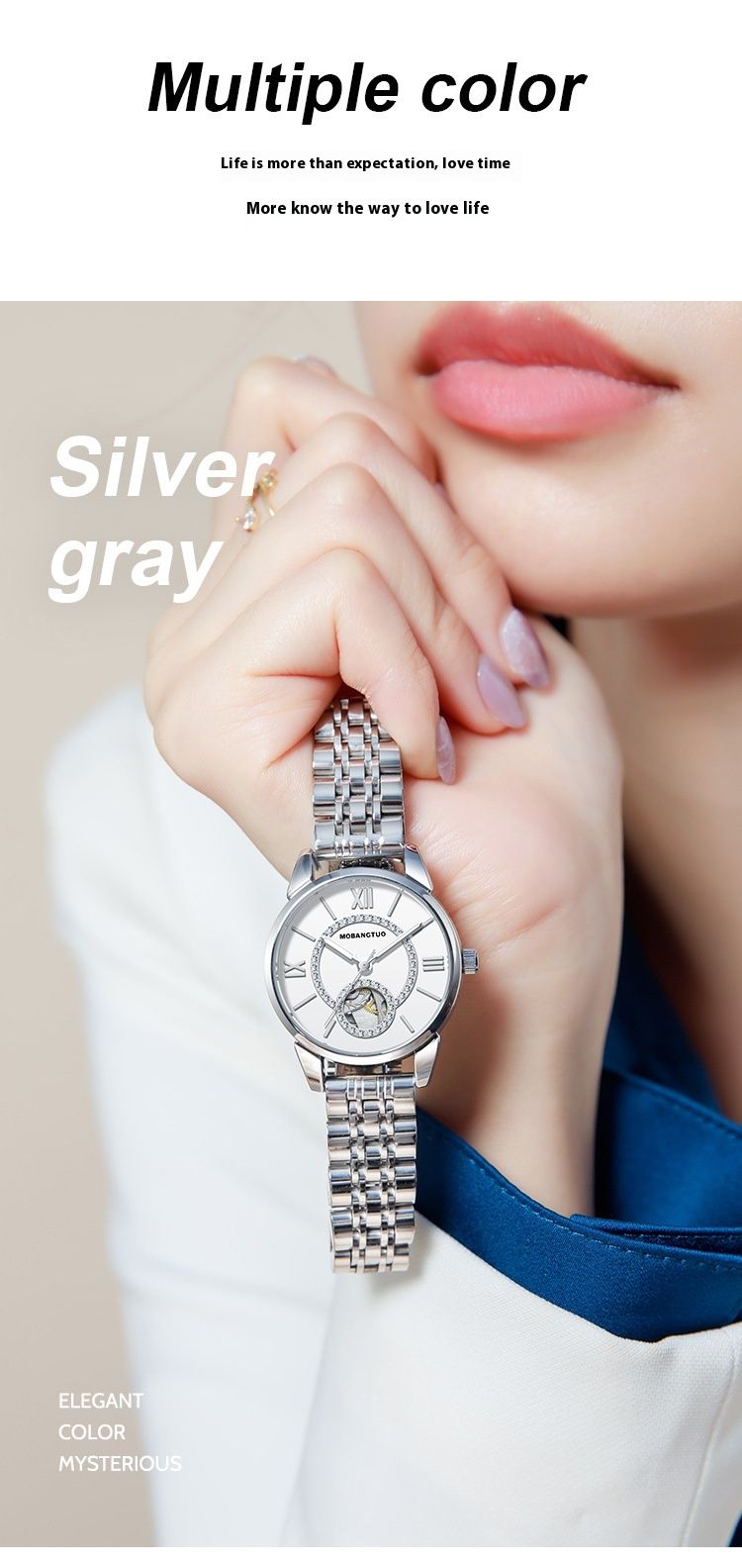 Ceas mecanic de damă, complet automat, la modă, cu incrustații de diamante, cu mecanism modern, culoare goală, curea din oțel impermeabilă_voghion.com