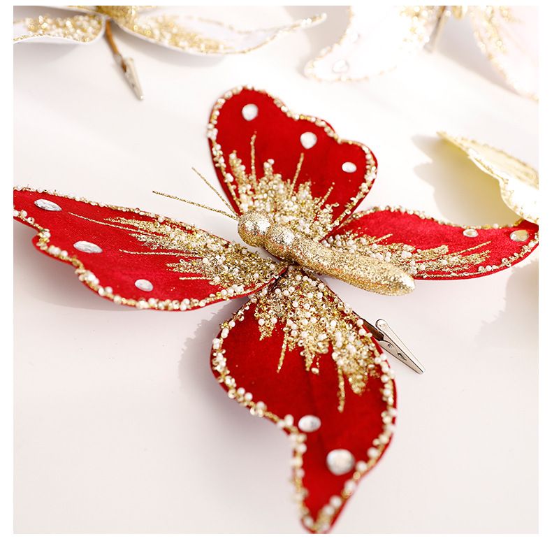 Elegant European-Style Plastic Butterfly Ornaments - Glittering Christmas Tree Decor In Gold, White, Red & Pink (20cm)_voghion.com