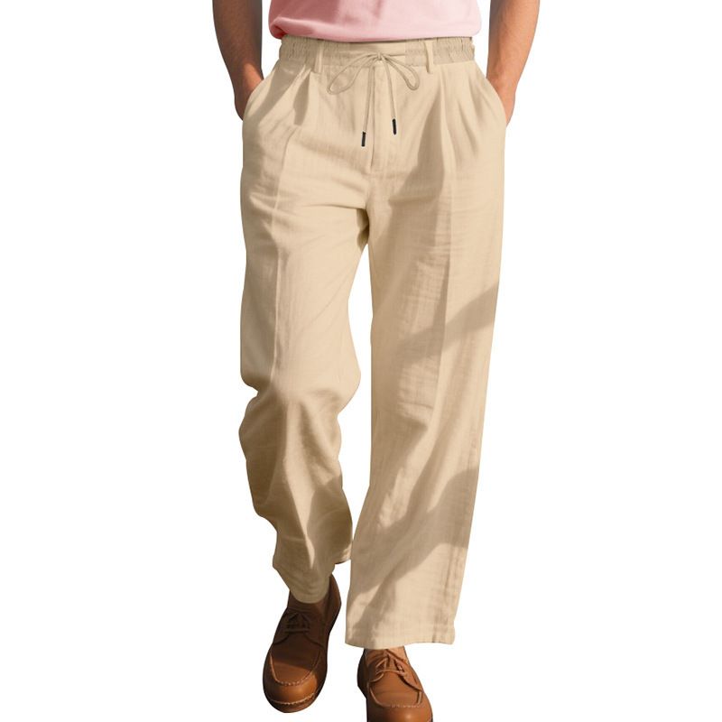 Pantaloni da uomo in lino, traspiranti, comodi, color cachi, dritti, casual, leggeri (cachi chiaro, blu chiaro, marrone) - S/M/L/XL/XXL_voghion.com