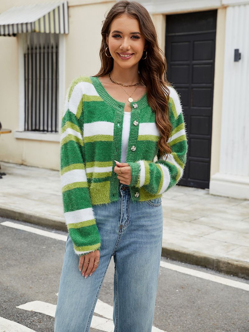 Veste parfumée de qualité supérieure, cardigan décontracté en tricot à col en V et couleur contrastée pour l'automne_voghion.com
