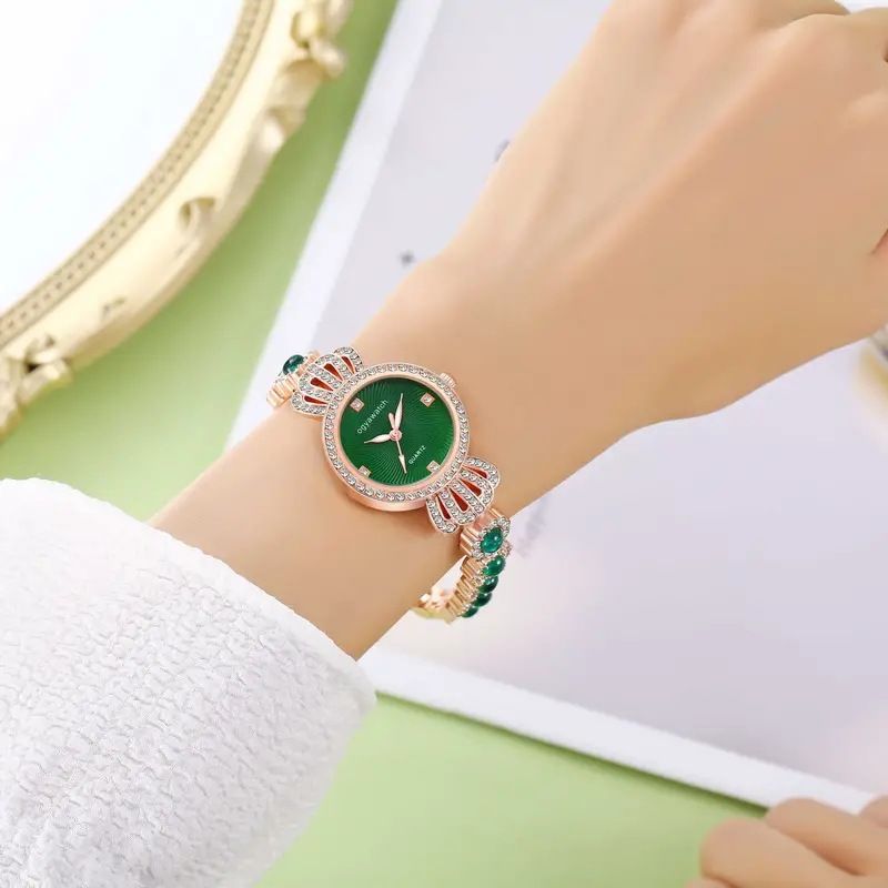 Fashionable and versatile diamond studded steel bracelet watch + heart studded diamond bracelet set for women_voghion.com