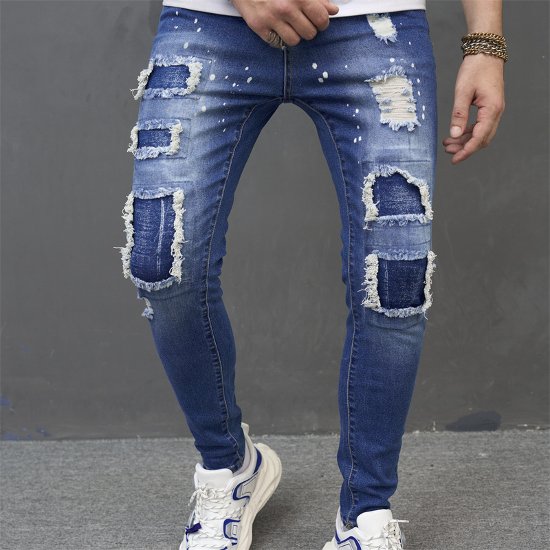 Jeans costurado tecido patch irregular calças plissadas tendência estilo clássico masculino_voghion.com