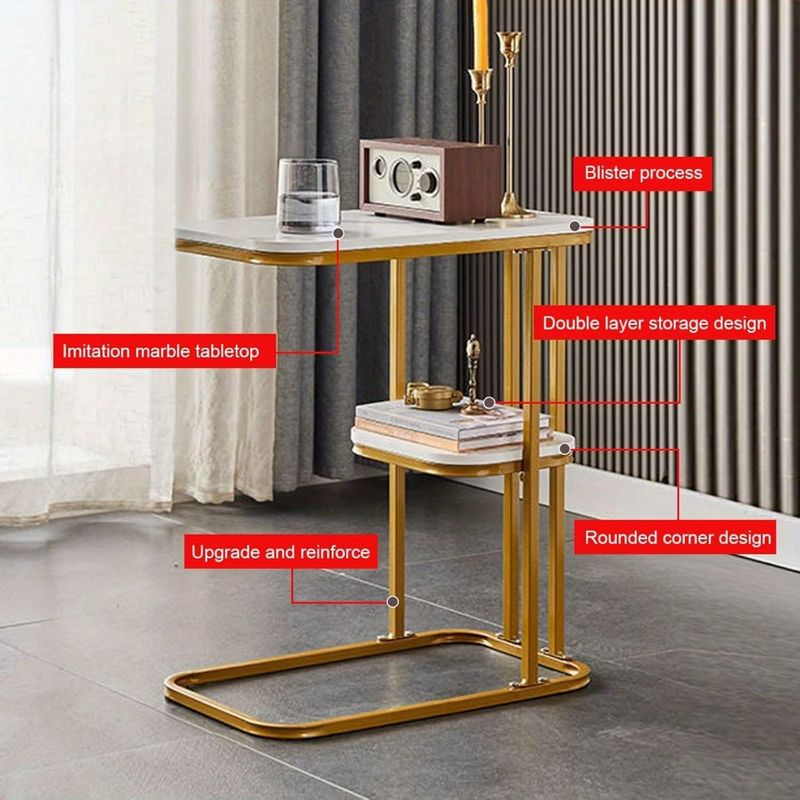 Coffee Table & Bedside Table - C - Shaped Side Table For Sofa And Bed. Features Marble Tabletop And Steel Frame. Narrow Side Table For Bedroom And Living Room, Small Banquet Table (2-tier)_voghion.com