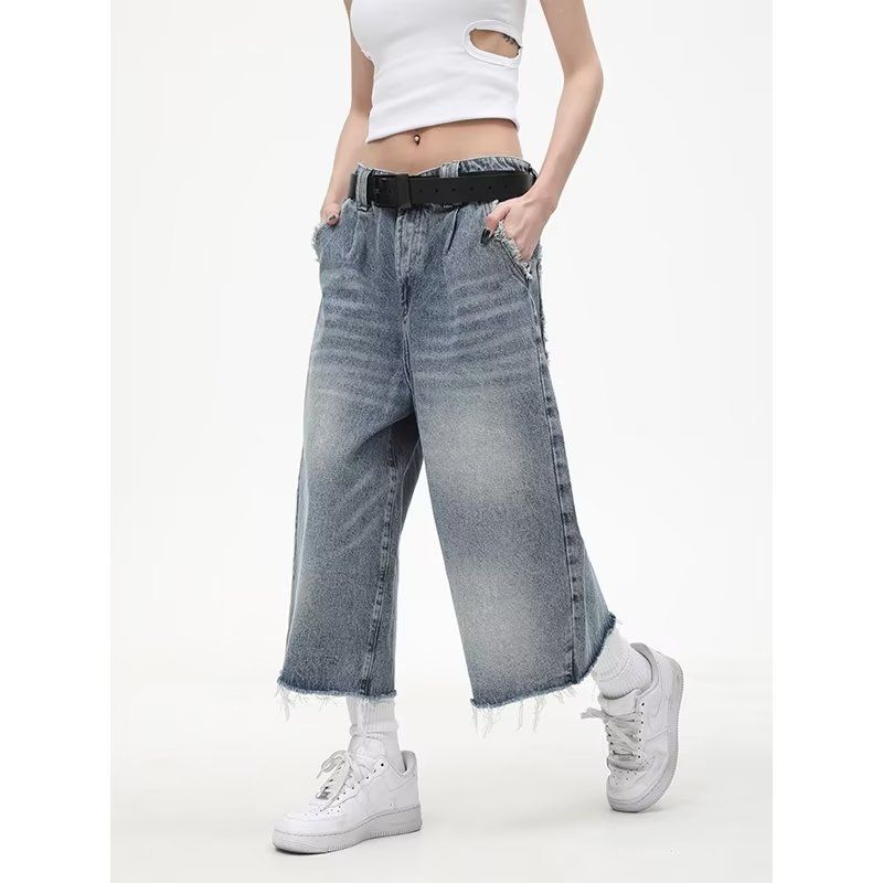 Unique Design Tassel Seven-point Denim Shorts For Men Loose Washed Fashionable Casual Versatile Straight-leg Pants_voghion.com