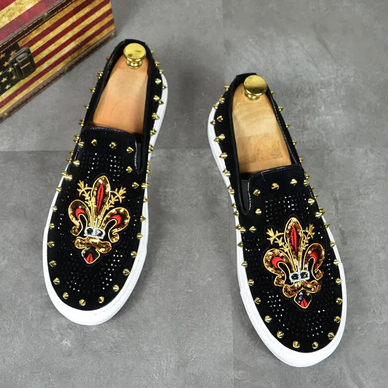 Chaussures en cuir rivets brodés pour hommes, mocassins à enfiler, chaussures plates décontractées, baskets loisirs,_voghion.com