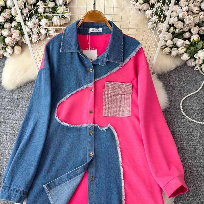 Damenbekleidung Designer-Jeanshemd mit Revers und Patchwork-Muster, langärmeliges Oberteil, Anzug für Frauen, hohe Taille, schmale, farblich passende Hose mit weitem Bein, zweiteiliger Anzug_voghion.com