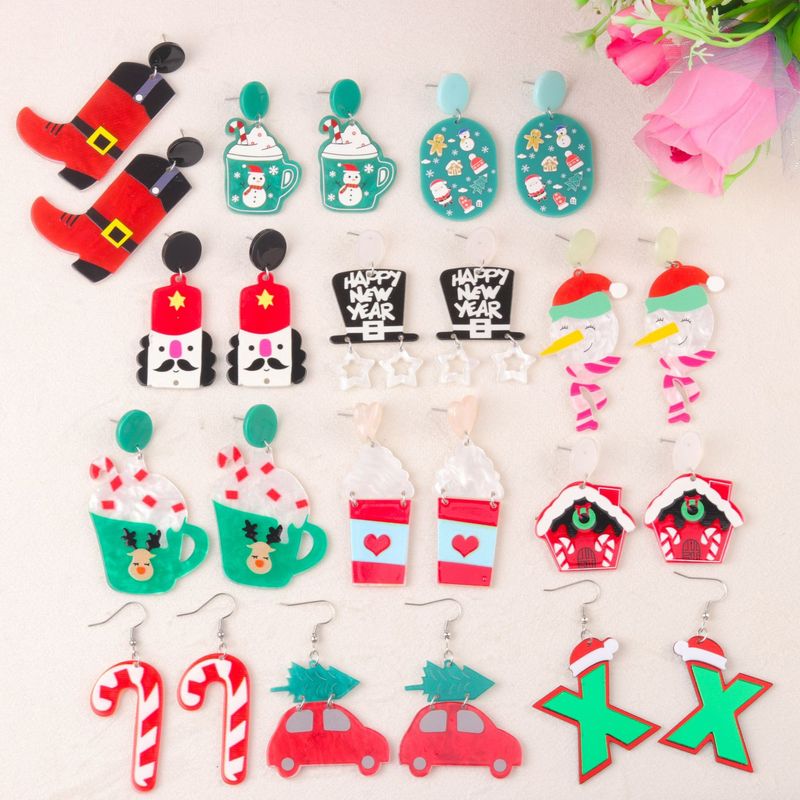 Series Cup Snowman Acrylic Studs Cartoon Christmas Tree Hat Boots Earrings Jewelry For Women_voghion.com