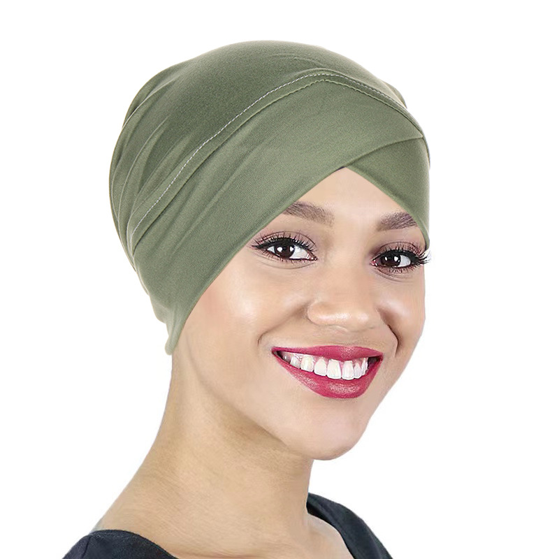 Women's Hats new style multi-color solid color cross headscarf hat women's bottom hat Muslim headscarf hat_voghion.com