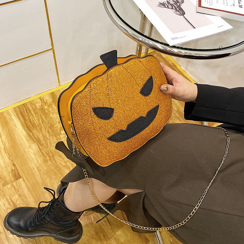 Borsa a tracolla con zucca glitterata a tema Halloween per donna - Borsa a tracolla in PU riflettente retrò con tasche con cerniera, accessorio alla moda e divertente_voghion.com