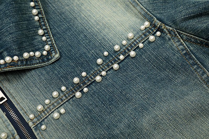 Amerikanischer Stil Perlendesign Abgesteppter gewaschener Denim Unisex Neue lose vielseitige kurze Jacke trendig_voghion.com