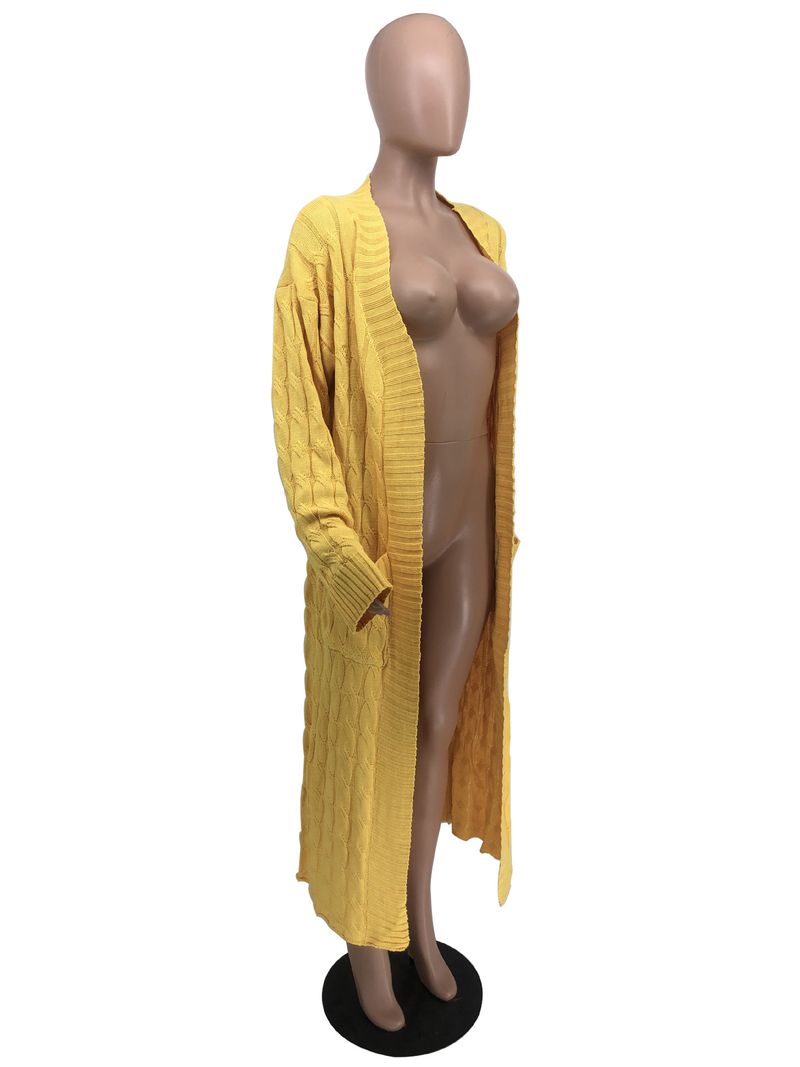 Damenbekleidung Locker gestrickte Strickjacke, gemütliche, übergroße Strickjacke mit Taschen, langer Zopfmuster-Pullovermantel, lockerer Boho-Chic, offene Vorderseite_voghion.com
