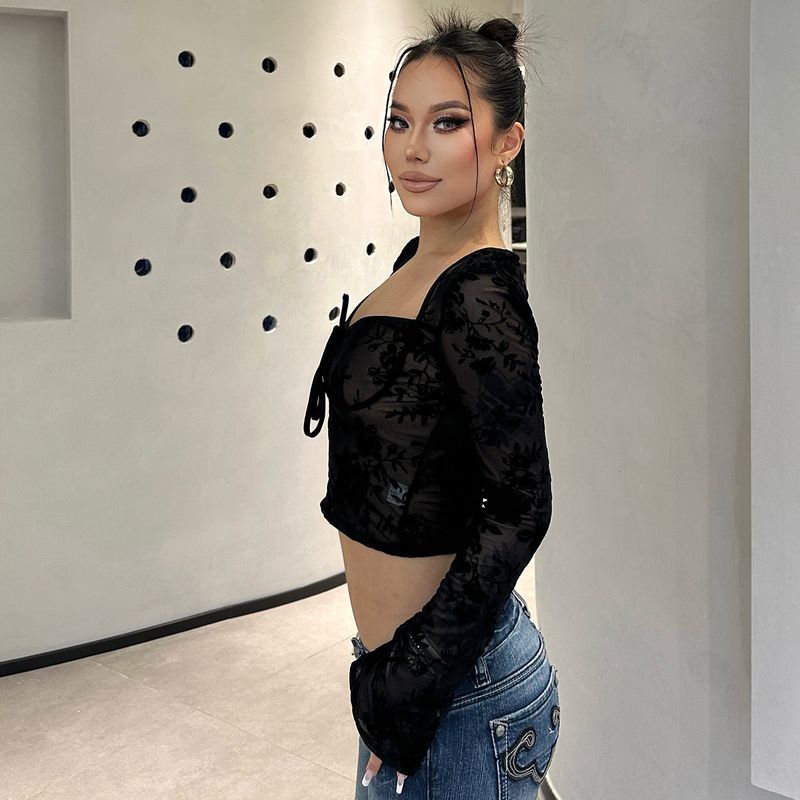 Maglietta a maniche lunghe slim fit in rete trasparente sexy, nuova moda estiva 2025 da donna_voghion.com