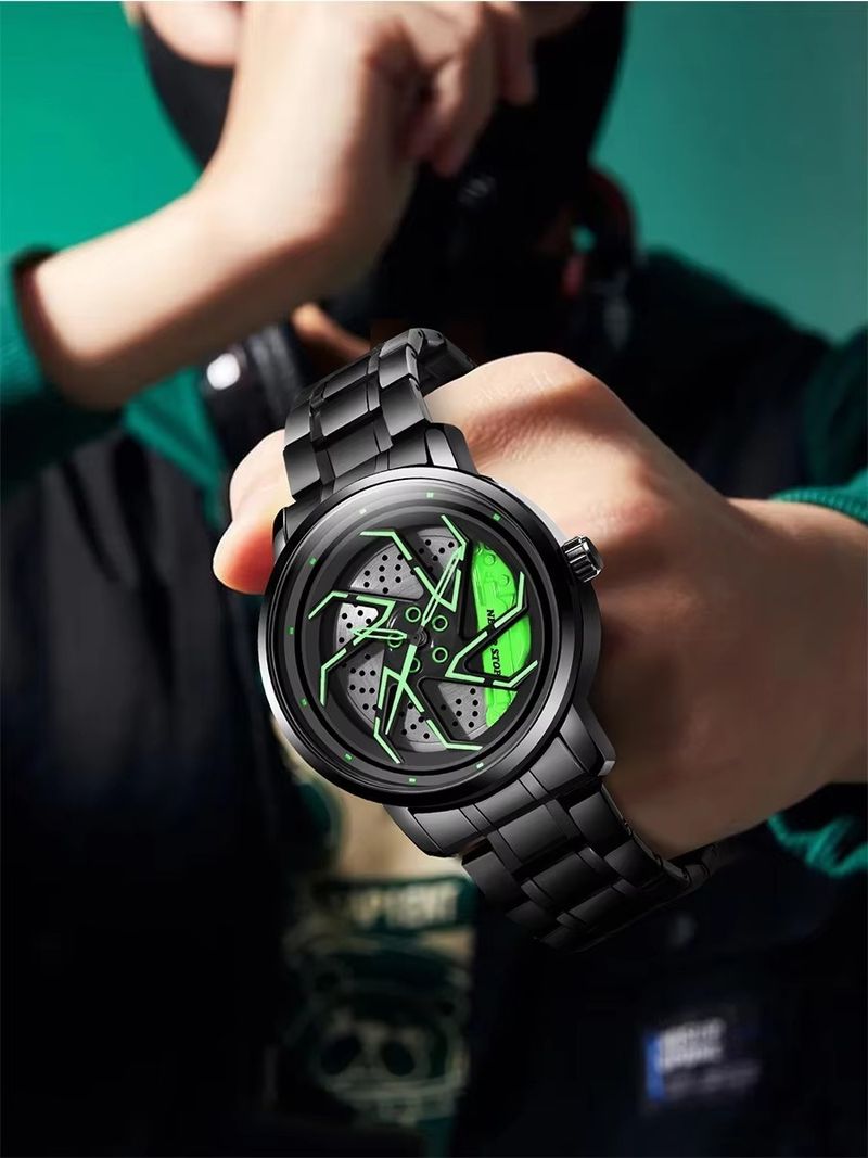 Steel Band Personality Cool Men's Quartz Watch Trend Fashion Rotating Car Outline Watch Box_voghion.com