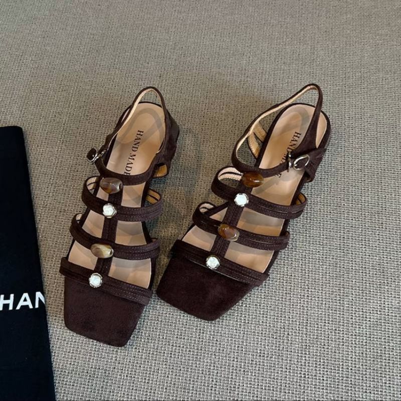 Versione in pelle di mucca ~ Sandali romani aperti con punta quadrata Old Money per le donne, stile estivo, nuovi sandali con tacco alto e cinturino singolo_voghion.com
