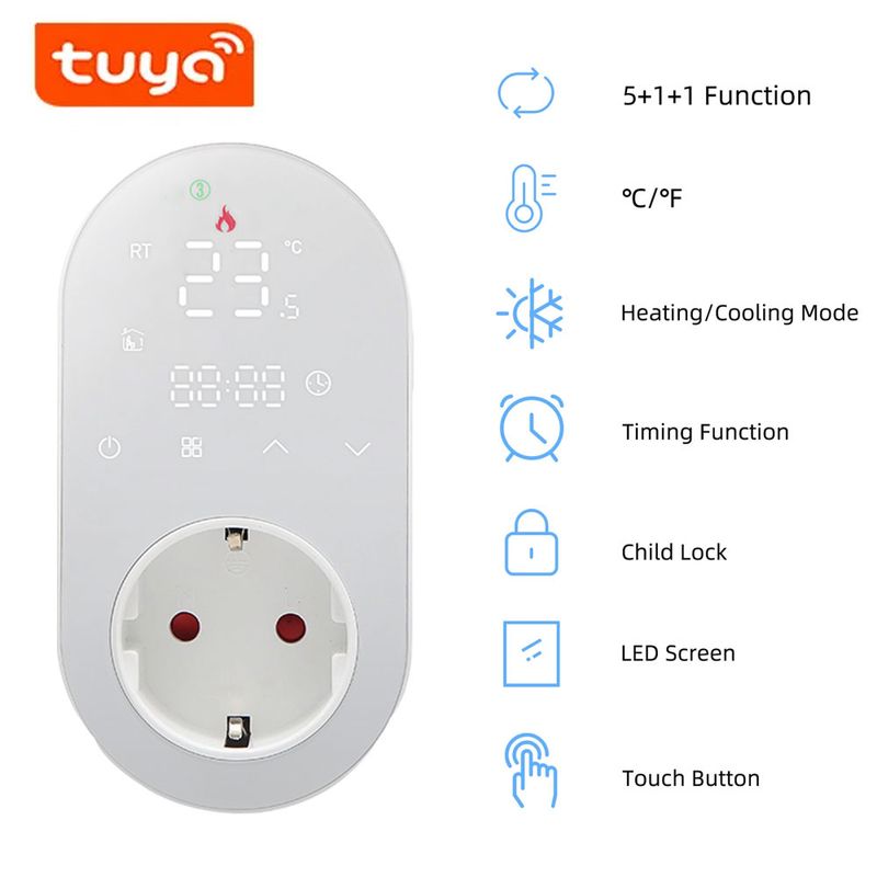 Tuya Smart WiFi Ψηφιακός Θερμοστάτης Θέρμανσης με Έλεγχο Θερμοκρασίας 16A, Πρίζα, Βύσμα, Εφαρμογή, Alexa, Google Home_voghion.com