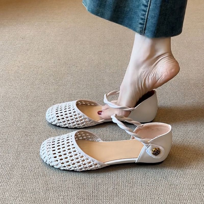 Versione in pelle di pecora ~ Sandali da esterno con design cavo intrecciato alla francese per donna con un cinturino, scarpe basse con punta tonda Camellia_voghion.com