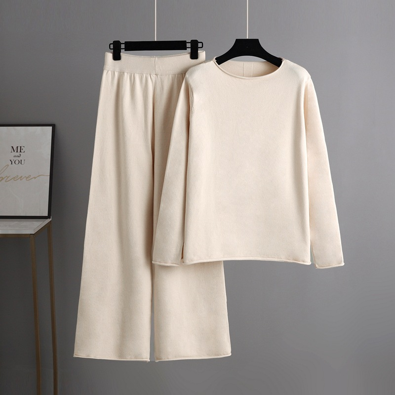 Pantaloni larghi lavorati a maglia da donna Set pantaloni casual maglione moda Temperamento due pezzi_voghion.com