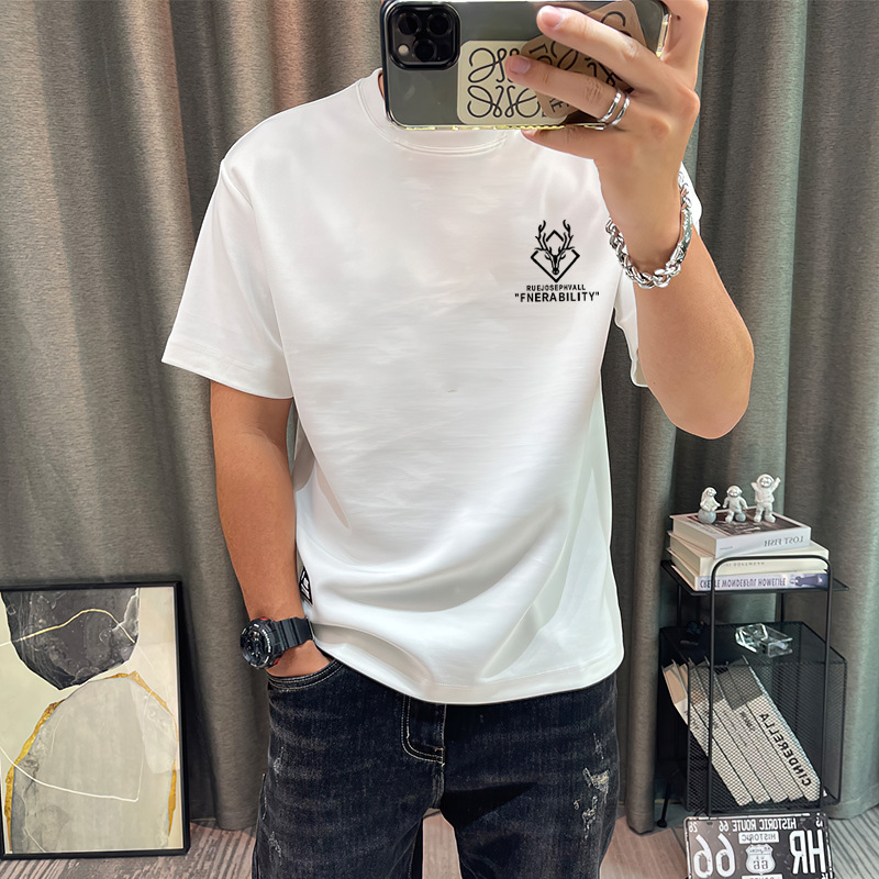 Girocollo corto ampio in puro cotone, T-shirt casual alla moda, etichetta moda uomo stampata a maniche corte_voghion.com