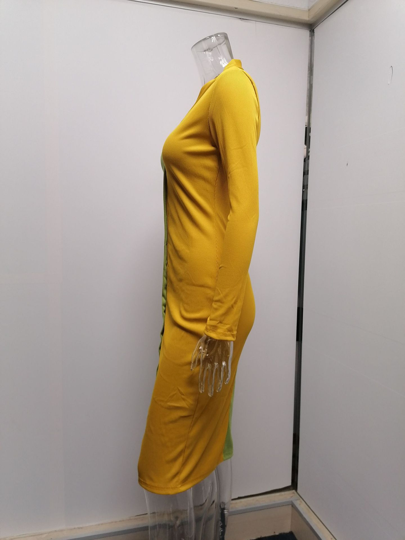 Dameskleding herfst en winter seizoen nieuw temperament woon-werkverkeer kleur bijpassende knoop hoge taille lange jurk_voghion.com