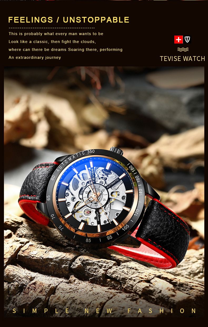 TEVISE men's automatic mechanical watch hollow Tourbillon fashion Men's belt watch T868_voghion.com
