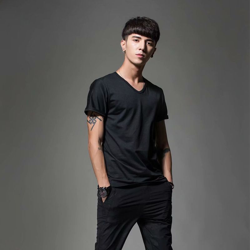 Maglietta a maniche corte a colori, estiva, casual, girocollo, corta, alla moda, con scollo a V, vestibilità aderente, per abbigliamento maschile_voghion.com