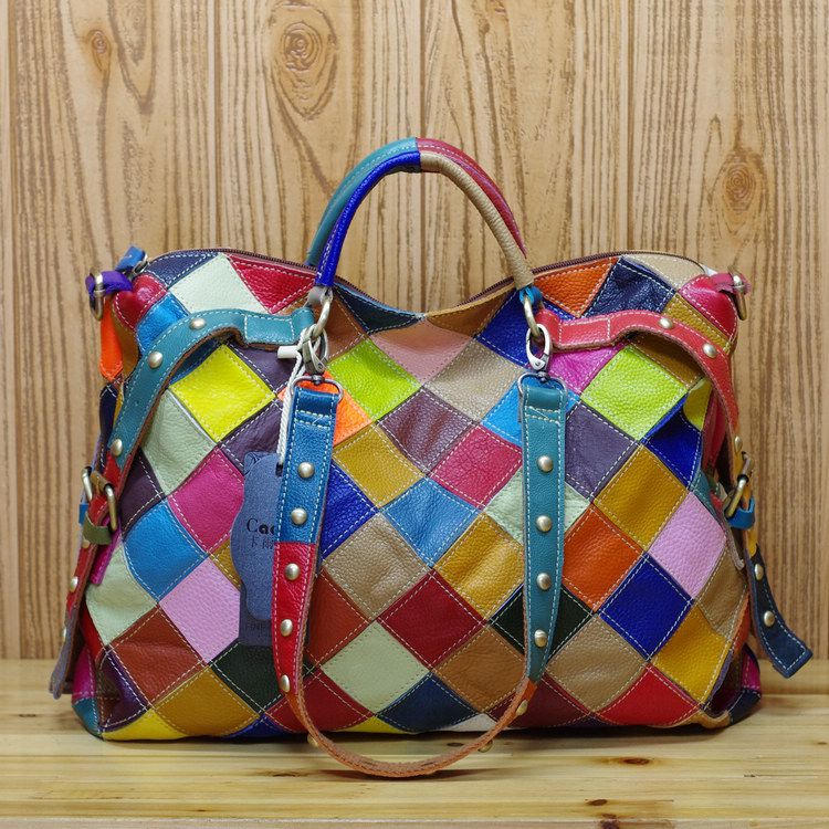 Neue Damen-Handtasche aus Rindsleder, bunte kontrastierende Echtledertasche, personalisierte Trendy-Tasche, Damenhandtasche, Single-Shoulder-Damentasche_voghion.com