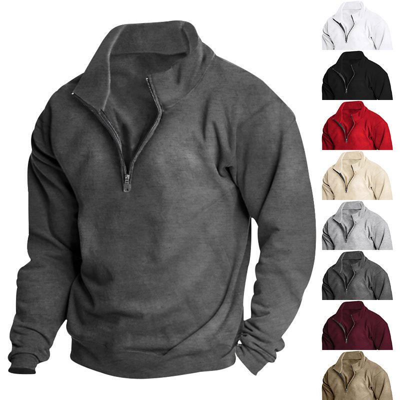 Felpa da uomo con collo alto e cerniera a un quarto - Pullover foderato in pile dalla vestibilità comoda per un look casual e sportivo (bianco, nero, cammello, rosso, vino, albicocca)_voghion.com