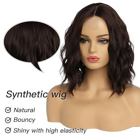 Peluca para mujer con encaje frontal, fibra química, tocado marrón, raya al medio, corta, rizada, con ondulación de agua, peluca pequeña de encaje_voghion.com