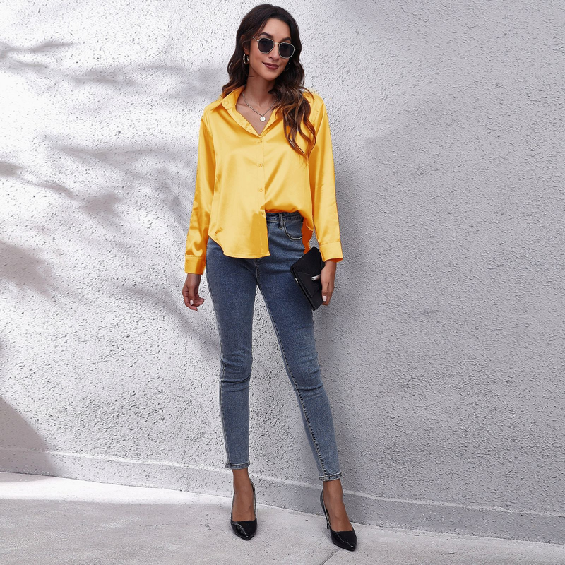 Women's clothing color D shirt satin silk imitation long sleeve shirt_voghion.com
