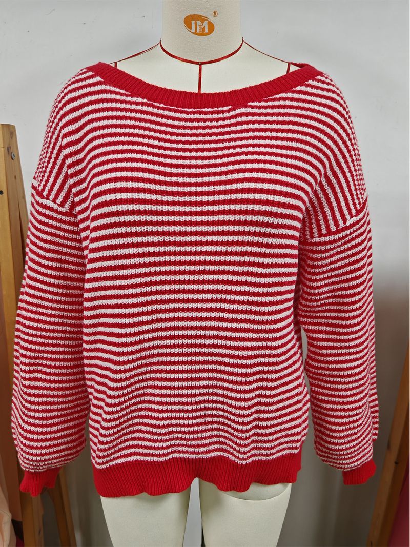 Women's Off-Shoulder Knit Sweater With Color Block Stripes & Lantern Sleeves – Relaxed Fit, Casual Elegance For Fall_voghion.com