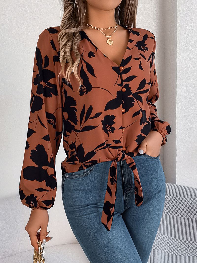 2025 Autumn Winter Casual Color-Block Floral Lantern Sleeve Tie Chiffon Blouse Women's Fashion_voghion.com