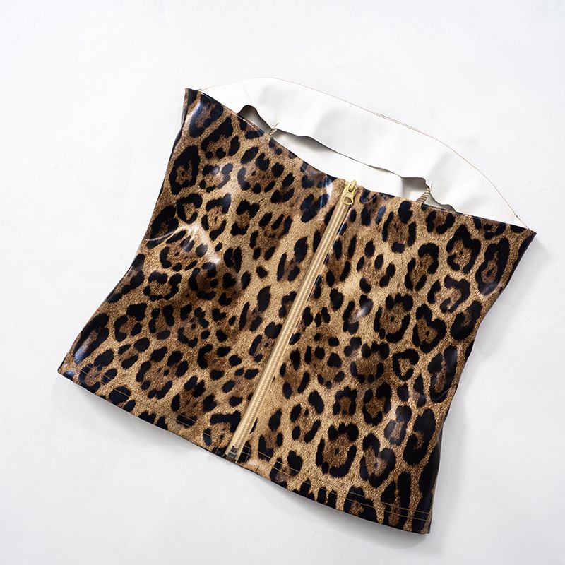 Damkläder Höst- och vintertopp Ärmlös dragkedja Leopardtryck Kort navel med exponerad midja T-shirt_voghion.com