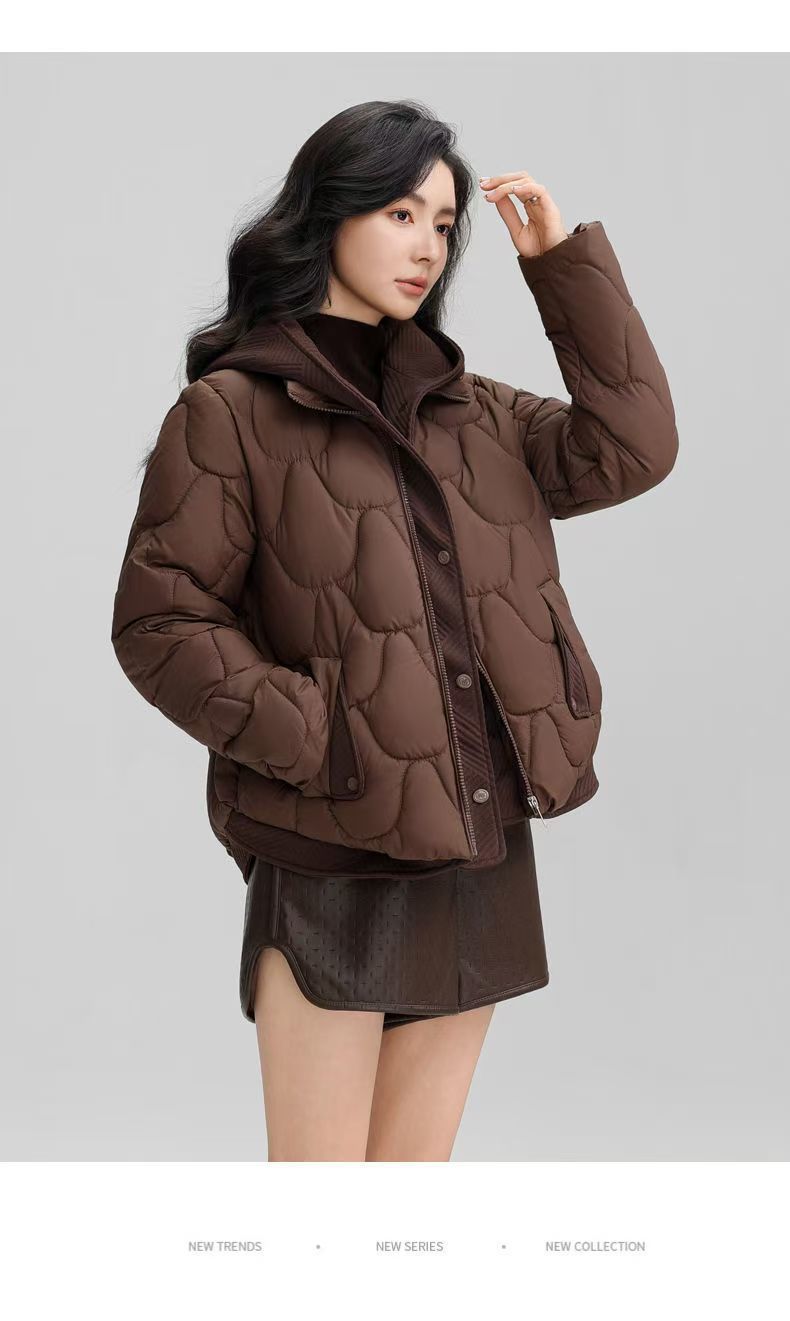 Vêtements pour femmes, doudoune d'hiver à capuche pour femmes, style court, manteau imitation deux pièces, coupe ample, tendance, épais, chaud, matelassé_voghion.com
